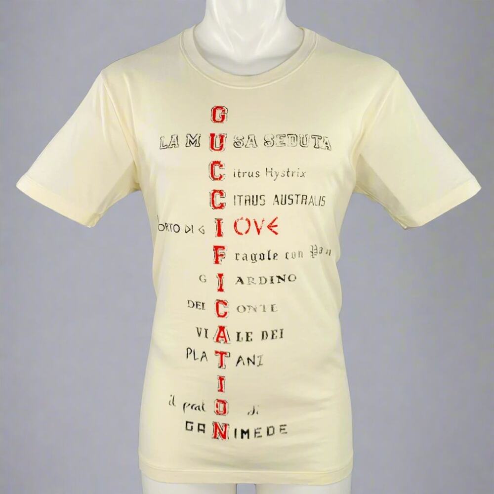 GUCCI Size S Cream Red Black Print Short Sleeve T-shirt